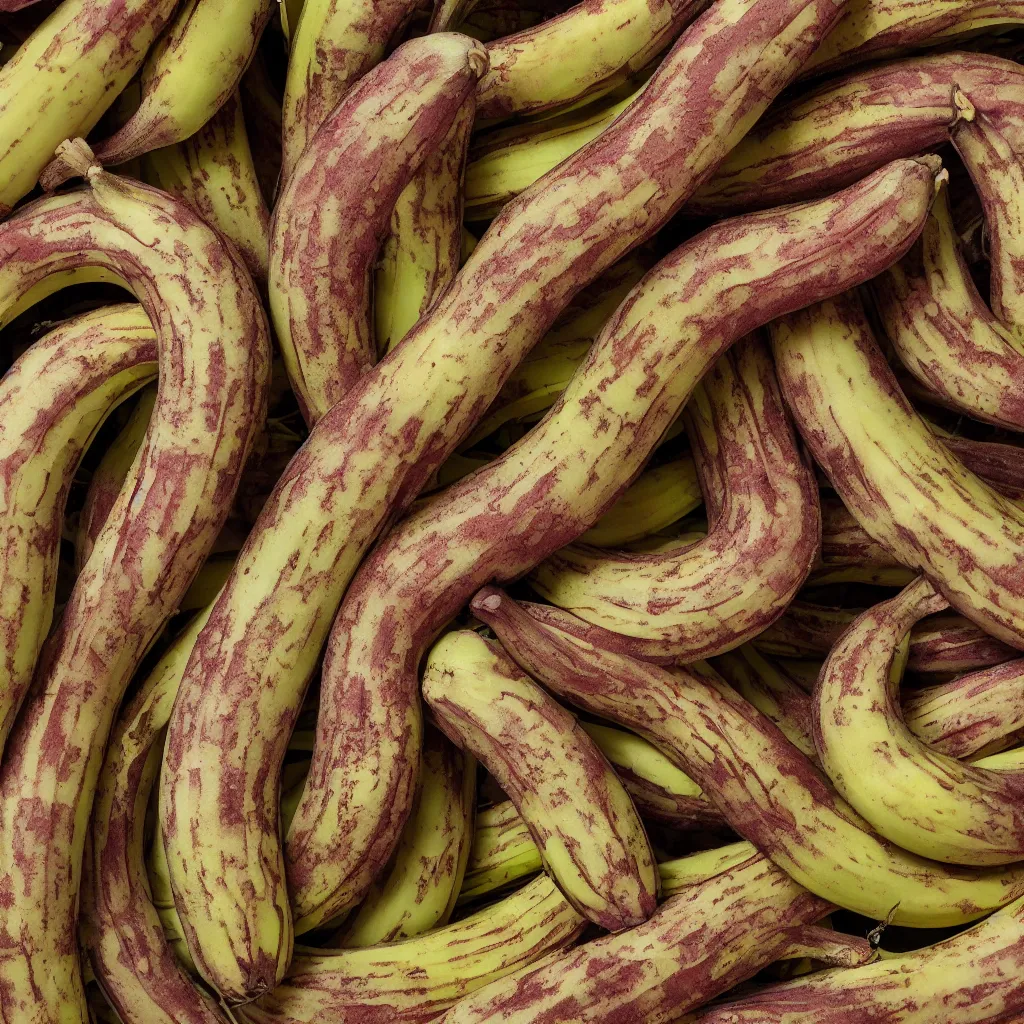 Prompt: very ripe thin bananas placed like a fractal coral, cracked, fine foliage, inside art nouveau with petal shape, and stems, mesh roots. closeup, hyper real, food photography, high quality