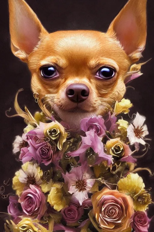 Image similar to ultra realistic illustration, portrait of a tan chihuahua bouquet, close up shot, fantasy, intricate, elegant, highly detailed, digital painting, artstation, concept art, smooth, sharp focus, illustration, surrealism