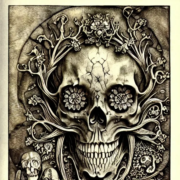 Image similar to memento mori by arthur rackham, art forms of nature by ernst haeckel, exquisitely detailed, art nouveau, gothic, ornately carved beautiful skull dominant, intricately carved antique bone, art nouveau botanicals, ornamental bone carvings, art forms of nature by ernst haeckel, horizontal symmetry, arthur rackham, ernst haeckel, symbolist, visionary