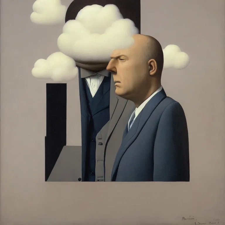 Image similar to portrait of a man in a suit, his head is a cloud, by rene magritte, detailed painting, hd, hq, high resolution, high detail, 4 k, 8 k