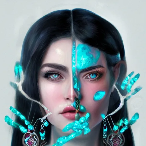 Image similar to ice face fractal jewellery portrait of a woman, inspired by mandy jurgens, face accessories, light make up, 4 k, high detailed, illustration