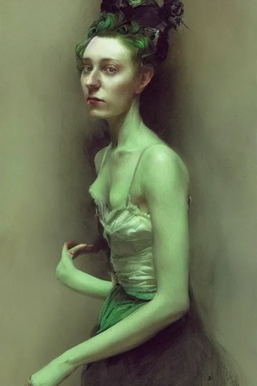 Image similar to creepy portrait of a beautiful sad victorian woman with green hair by denis forkas kostromitin