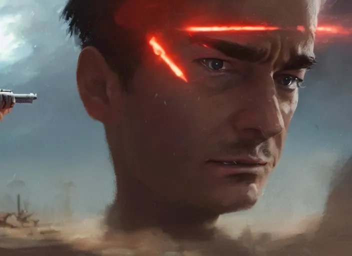 Prompt: close up cinematic artwork of Ben shapiro staring down the enemy on the battlefield by Greg Rutkowski, 4k, masterpiece