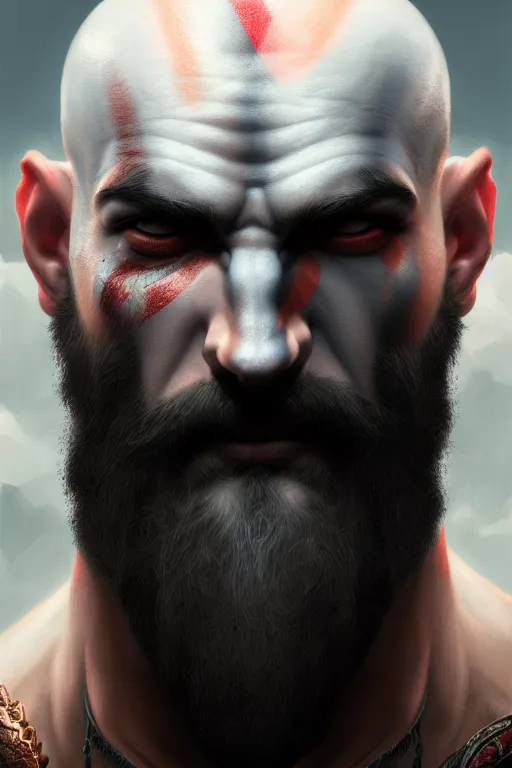 Image similar to ultra detailed facial portrait of kratos, extremely detailed digital painting, in the style of fenghua zhong and ruan jia and jeremy lipking and peter mohrbacher, mystical colors, rim light, beautiful lighting, 8 k, stunning scene, raytracing, octane, trending on artstation