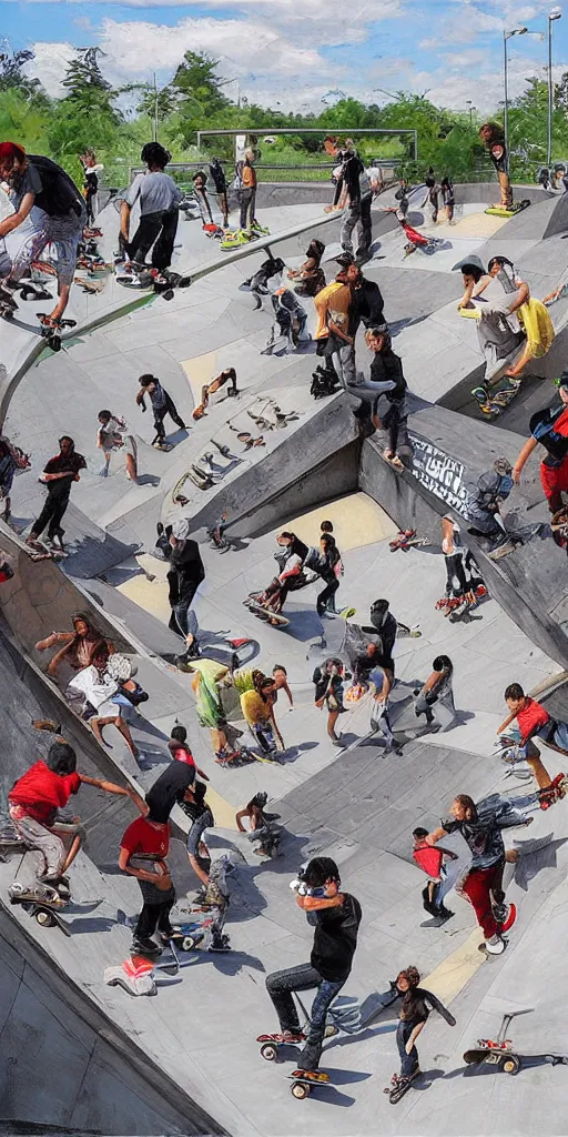 Image similar to oil painting scene skatepark with skaters and ramp by kim jung gi