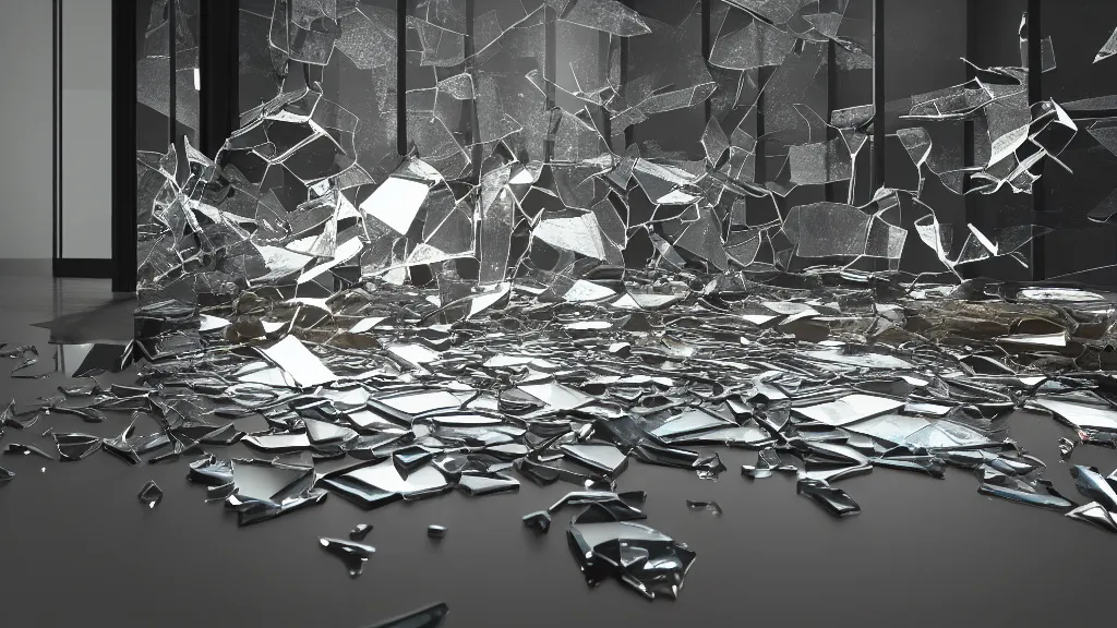 Prompt: a photorealistic dramatic broken glass and mirror shards reflecting the room they are in, ultra realistic details, glossy surface, global illumination, shadows, dark background, octane render, 8 k
