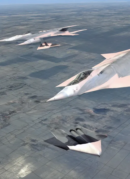 Image similar to hyperrealism, detailed textures, photorealistic 3 d, pilots view from runway of squad flying futuristic stealth fighter jets, flying ultra low over an endless plain of flamingos, ultra realistic, cinematic, intricate, cinematic light, unreal engine 8 k