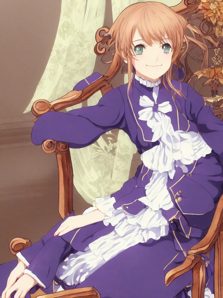 Image similar to a character portrait of violet evergarden, sitting down on a chair in a victorian home background, style of kyoto animations, trending on pixiv, anime, high detail, character accurate