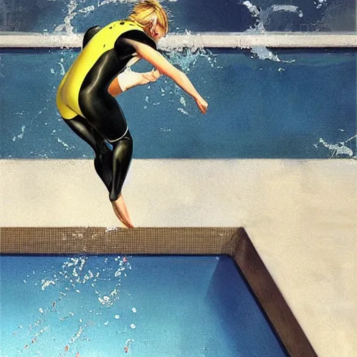 Prompt: a blond lifeguard in a wetsuit jumping into the pool. Makoto shinkai. Repin. Phil Hale