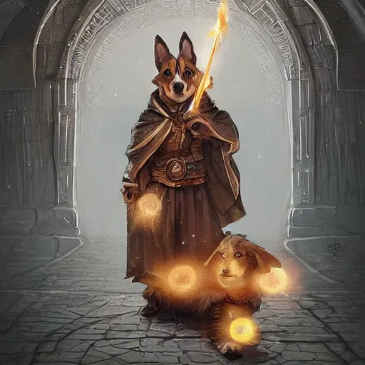 Prompt: corgi puppy mage, d & d character art, intricate robes, highly detailed digital illustration, glowing, runes, spells, magic, greg rutkowski, trending on artstation