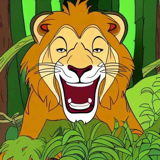 Prompt: Lion smiling in the jungle cartoon disney style