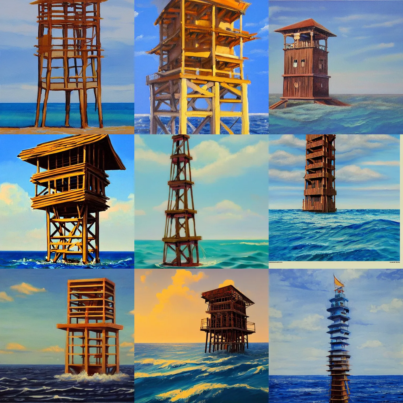 Prompt: a beautiful painting of a wooden tower in the middle of the ocean at noon, blue sky by hal foster, trending on artstation.