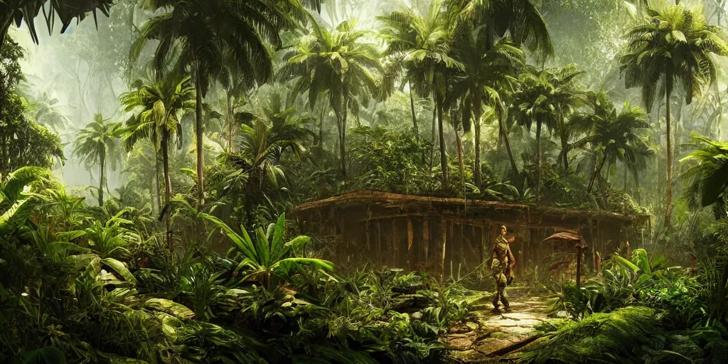 Prompt: tropical jungle, wall wood fortress, Hyperrealistic CGI, Photorealistic, plants environment, wide angle, establishing shot, cinematic lighting, atmospheric, realistic, octane render, highly detailed, color graded, matte painting in the style of craig mullins