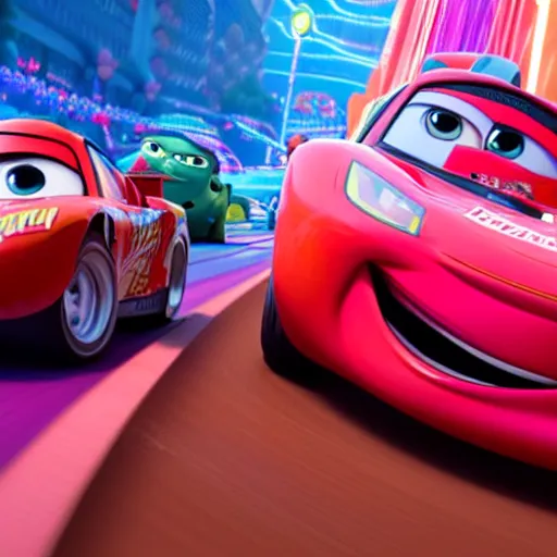 Image similar to vanellope racing lightning mcqueen in movie ralph breaks the internet