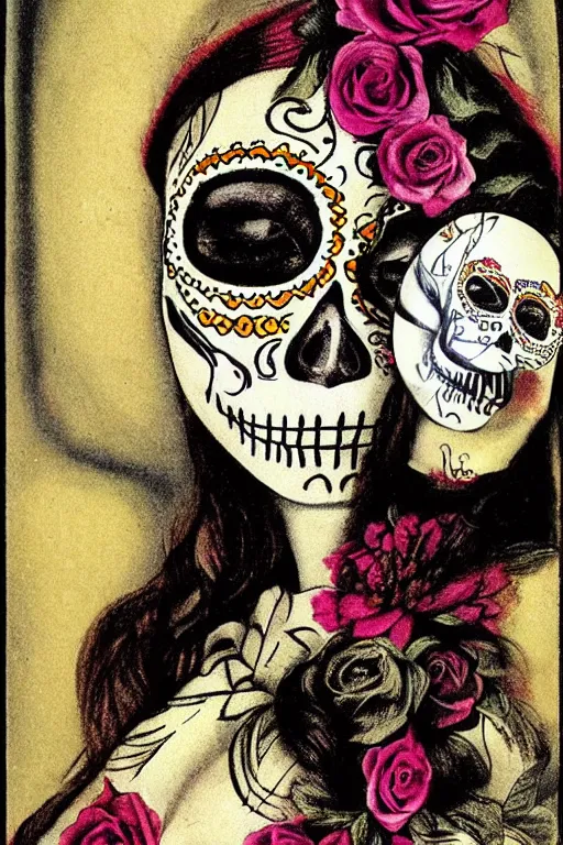 Prompt: Illustration of a sugar skull day of the dead girl, art by marcel duchamp