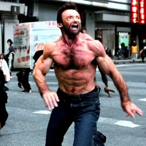 Prompt: giant hugh jackman rampaging through tokyo like godzilla