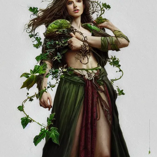 Image similar to a woman druid wearing leaf and vine themed clothing, fully clothed, pet animal, D&D, fantasy, intricate, cinematic lighting, highly detailed, digital painting, artstation, concept art, smooth, sharp focus, illustration, art by Artgerm and Greg Rutkowski and Alphonse Mucha, subject in the middle of the frame