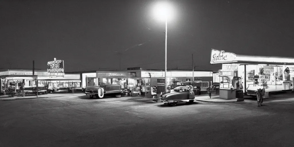 Image similar to detailed sharp photograph in the style of popular science circa 1 9 5 5 and gregory crewdson of a 1 9 5 0 s truck stop at night