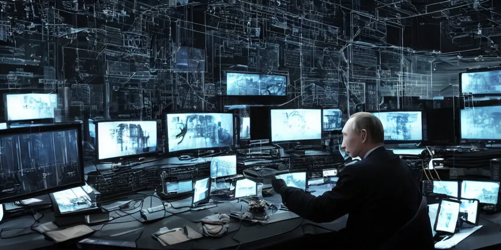 Image similar to vladimir putin hacking into the mainframe, multiple screens and monitors, dark atmosphere, creepy, very detailed, realistic photography