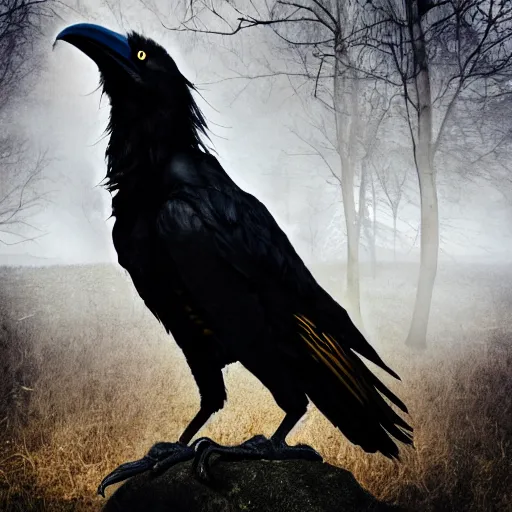 Prompt: werecreature that is a mix between human and crow, photograph captured in a forest