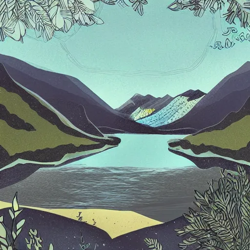 Prompt: a beautiful landscape, rivers and mountains, illustration, digital art by laura price