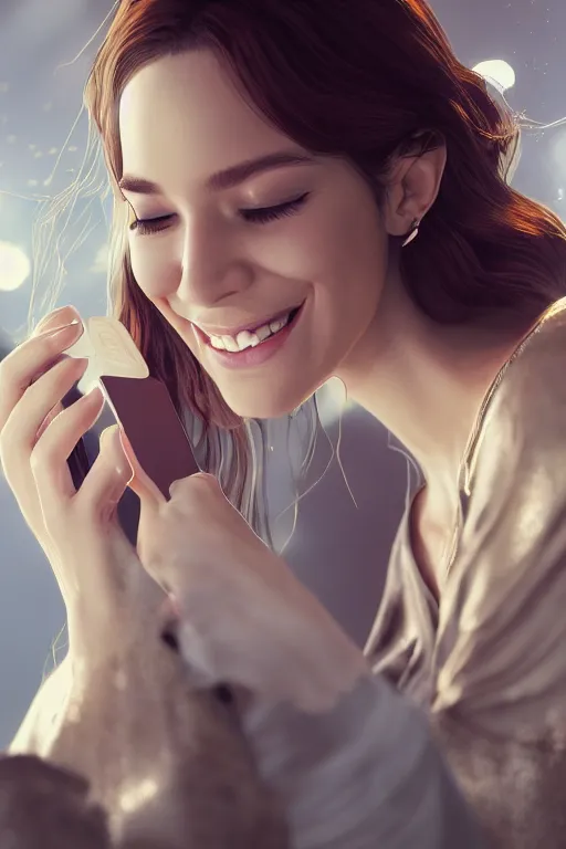 Prompt: a portrait of a beautiful young lady smiling at a text she just received on her smartphone, in style of Hans Zatzka, high details, cinematic, 8k resolution, beautiful detailed, artstation trending, octane render, unreal engine