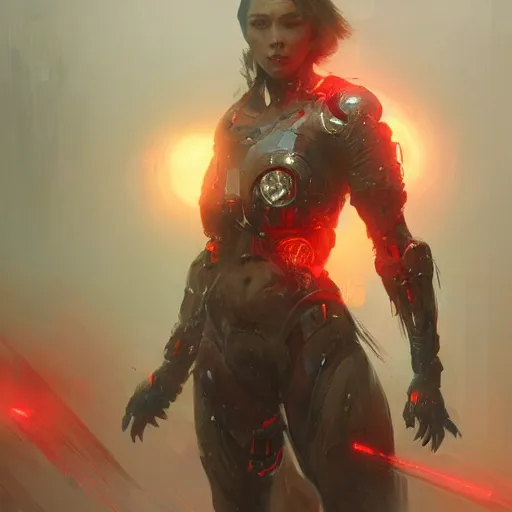 Image similar to cyborg warrior, red eyes, intricate, detailed, volumetric lighting, scenery, digital painting, highly detailed, artstation, sharp focus, illustration, concept art, ruan jia, greg rutkowski