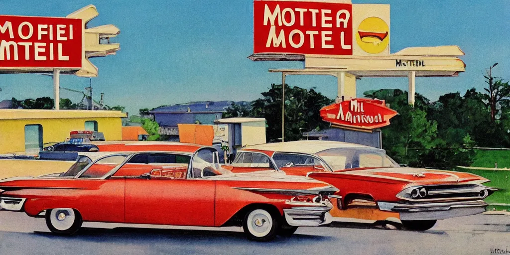 Image similar to 1 9 6 0 s americana painting of a motel and motel sign with cars parked outside by norman rockwell