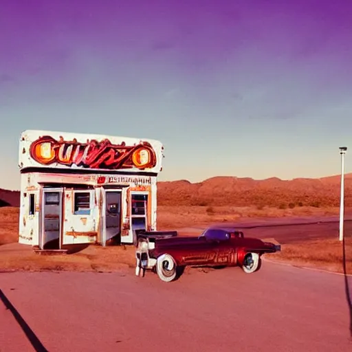 Image similar to a cute fluffy caracal in a sunset light landscape with historical route 6 6, lots of sparkling details and sun ray ’ s, blinding backlight, smoke, volumetric lighting, colorful, octane, 3 5 mm, abandoned gas station, beautiful epic colored reflections, very colorful heavenly, softlight