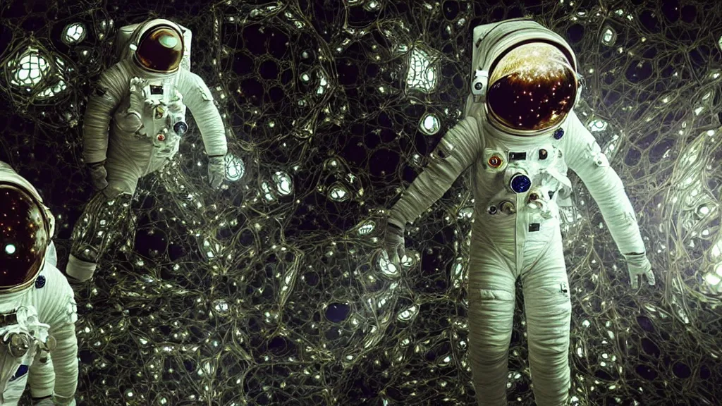 Image similar to a astronaut eva suit covered in diamond 3d fractal lace iridescent bubble 3d skin and covered with insectoid compound eye camera lenses floats through the living room, film still from the movie directed by Denis Villeneuve with art direction by Salvador Dalí, wide lens,