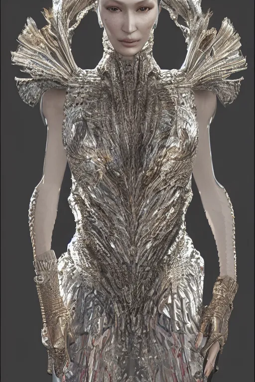 Prompt: a highly detailed 4 k render of a beautiful alien goddess bella hadid in iris van herpen dress metallic schiaparelli in diamonds and jewelry in style of alphonse mucha trending on artstation made in unreal engine 4