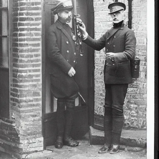 Image similar to A 1920\'s London police inspector with a stern look pointing his gun towards a frightened young man with long hair against a stone wall