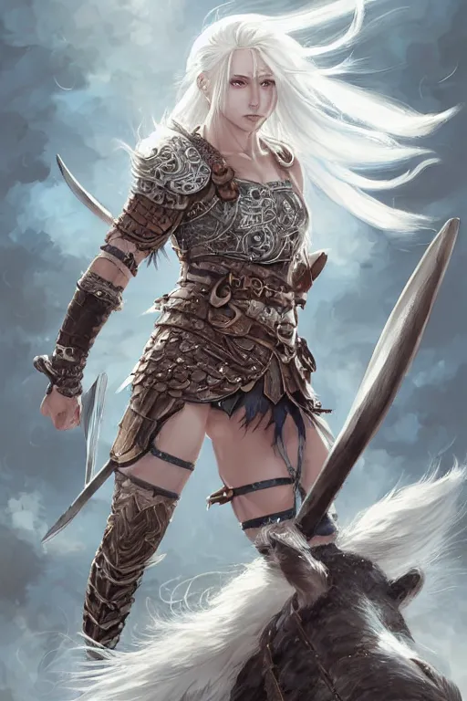 Image similar to A realistic anime portrait of a beautiful white haired female barbarian wearing an intricate viking armor, digital painting, by Stanley Artgerm Lau, Sakimichan, WLOP and Rossdraws, digital painting, painterly, Pixiv, Deviantart, golden ratio, rule of thirds, good composition, HD, 8k, award winning, promo art, splash art, rpg, jrpg, dungeons and dragons, DND, trending on ArtStation