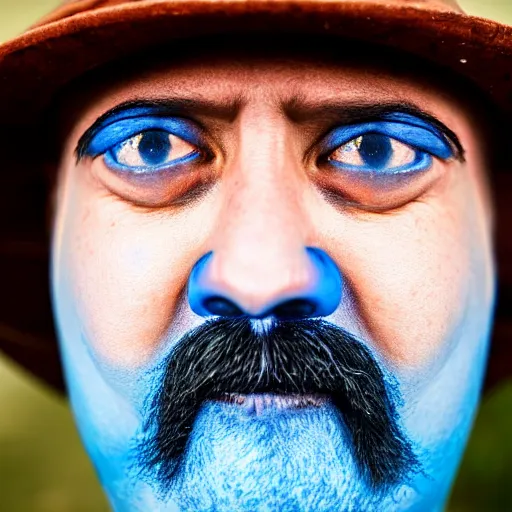 Image similar to fish eye lens close up photograph of a blue skin man with a goatee side eyeing the camera with a sympathetic look