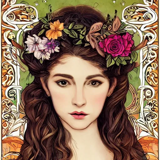 Image similar to realistic detailed face portrait of a beautiful woman with flowers in her hair by jenny savilla, fairytale, art nouveau, victorian, neo - gothic, character concept design, smooth, extremely sharp detail, finely tuned detail, story book design, storybook layout