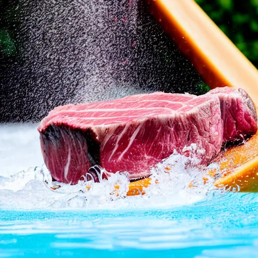 Prompt: a medium rare steak on a waterslide, high contrast, slow - mo high speed photography, water splashing, summertime water park