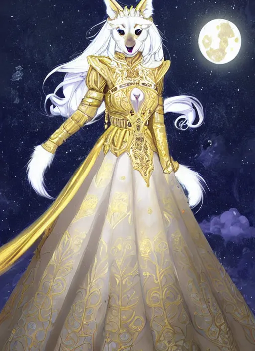 Image similar to commissioned full body portrait of a female anthro wolf-headed princess fursona with white hair wearing a white and gold chinese armored dress in a white and gold palace on a starry night with a large rescent moon, by a professional manga illustrator, Stanley Artgerm Lau, WLOP, Rossdraws, James Jean, Andrei Riabovitchev, Marc Simonetti, and Sakimichan, trending on artstation