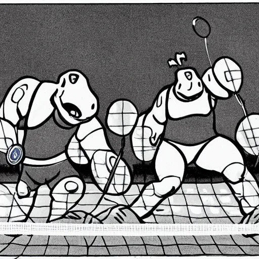 Prompt: men with hippo heads playing badminton, by Ken Sugimori, manga panel, black and white