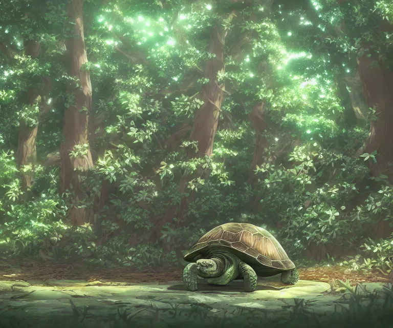 Prompt: turtle in a forest, anime fantasy illustration by tomoyuki yamasaki, kyoto studio, madhouse, ufotable, comixwave films, trending on artstation