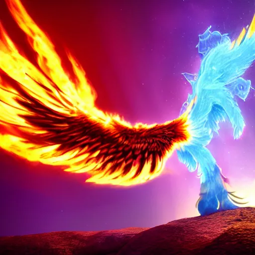 Prompt: a burning Phoenix with trail of blue fire by it's tail, purple fire aura, Aurora sky, nighttime, octane render, detailed picture, illustration, Ray tracing reflection,