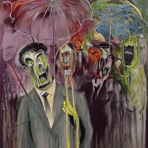 Prompt: a man holding an umbrella, a man holding an umbrella, a man holding an umbrella, a man holding an unmbrella, epic floral composition of deadly silence, intense emotion, powerful painting, gritty feeling, imagining a blissful fate, hope, anger, rage, willing, deconstructed, chaotic, expressive, neo-expressionism, by Francis Bacon, by Beksinski, by Abbas Kiarostami, by Kurosawa, by Hokusai, war photography, colorful, dreams, photojournalism