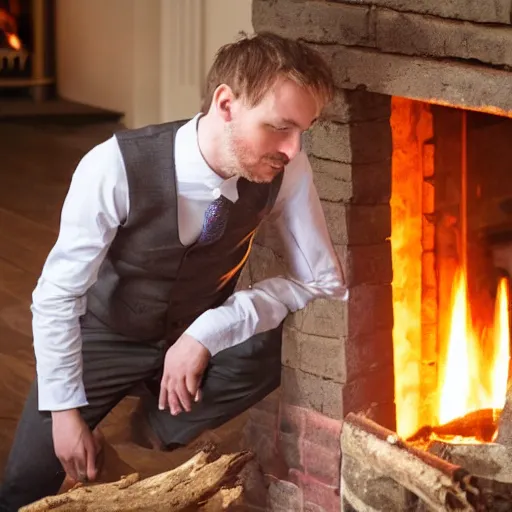 Image similar to man in a waistcoat staring at a log fire jelious girlfriend, 1 5 0 mm lighting effect