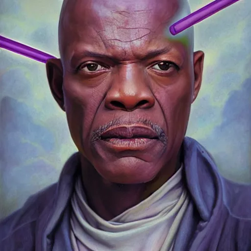 Prompt: a realistic portrait of mace windu holding a lightsaber by andrea kowch