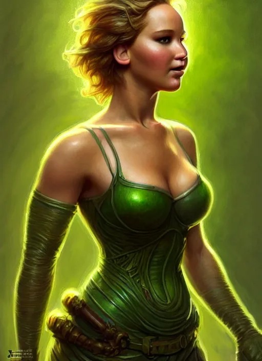 Image similar to portrait of jennifer lawrence as a goblin, d & d, muscular! green, fantasy, intricate, elegant, highly detailed, digital painting, artstation, concept art, smooth, sharp focus, illustration, art by artgerm and greg rutkowski and alphonse mucha