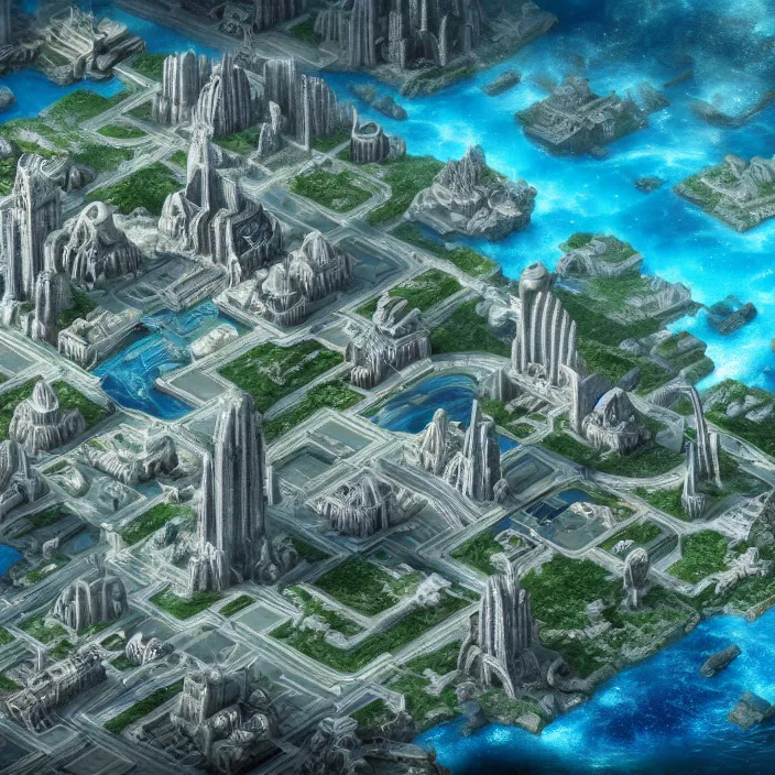 Prompt: hyper realistic, top down view, high detail photo of city of atlantis, underwater, lights on, beautiful, dreary lighting