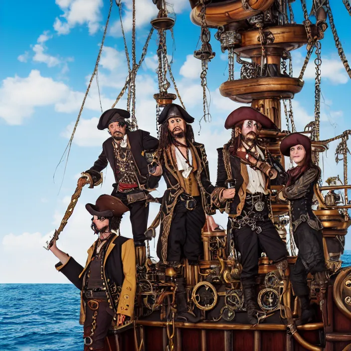 Prompt: full body photograph of steampunk pirates on their ship. Extremely detailed. 8k