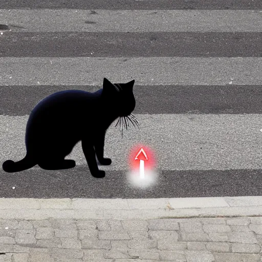 Prompt: Cat sitting on wet street corner with glowing exclamation mark over its head