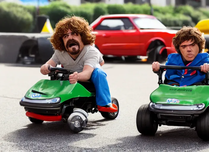 Image similar to peter dinklage racing gary coleman driving a little tikes cars, movie still, from the new fast and furious movie, 8 k, realistic