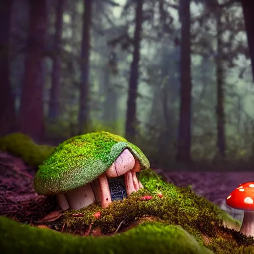 Image similar to A cute mushroom house growing on the enchanted forest floor. medium shot, magical cinematic lighting, sharp, high detail, nature photography