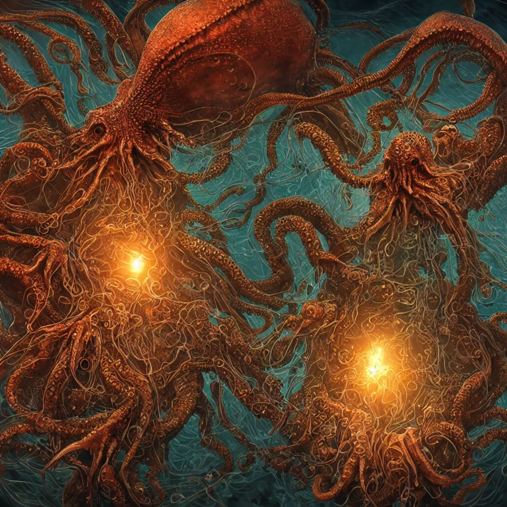 Image similar to close-up macro portrait of a Cthulhu and other fantastical sea creatures, epic angle and pose, ribcage bones symmetrical artwork, 3d with depth of field, blurred background, cybernetic jellyfish female face skull phoenix bird, translucent, nautilus, energy flows of water and fire. a highly detailed epic cinematic concept art CG render. made in Maya, Blender and Photoshop, octane render, excellent composition, cinematic dystopian brutalist atmosphere, dynamic dramatic cinematic lighting, aesthetic, very inspirational, arthouse. Greg Rutkowski, Ilya Kuvshinov, WLOP, Stanley Artgerm Lau, Ruan Jia and Fenghua Zhong